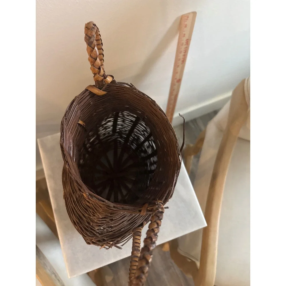Vintage Hand Woven Wicker Amphora Basket Vase Dual Handles Dark Brown 12 Inch